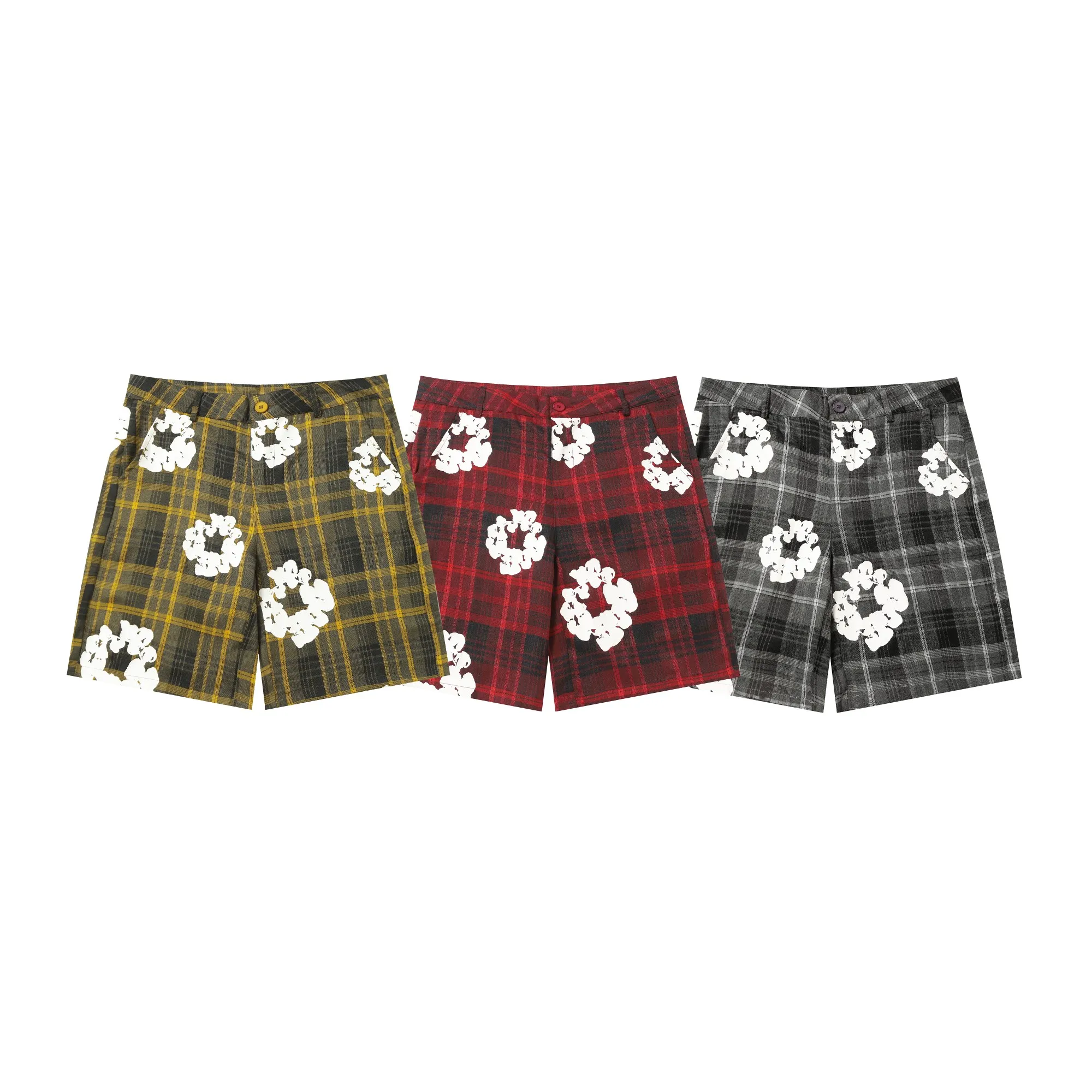 P126 8618 DENIM TEARS kapok European and American fashion brand high-quality plaid short-sleeved shirt set Color Red Gray Yellow Size S-XL